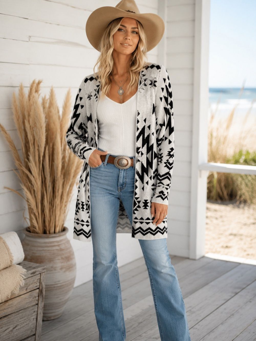 Savanna Jane Black & White Aztec Open Front Cardigan